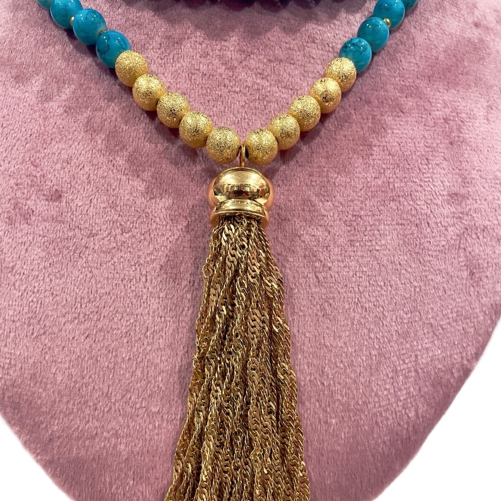 AMRITA SINGH Feroza Glass Beads Faux Turquoise Tassel Long Necklace Gift Box NWT - Picture 2 of 9